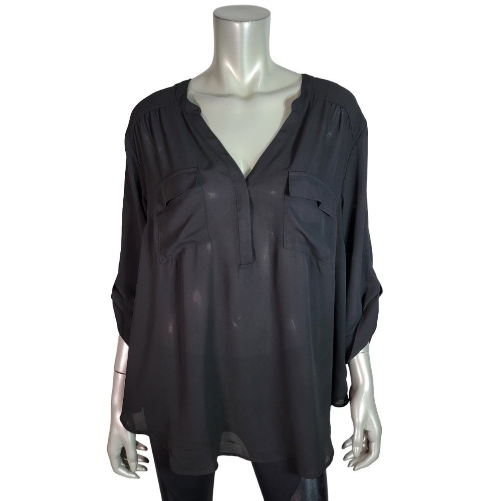 Torrid Harper Blouse Plus Size 2X‎ Sheer Pockets Roll Tab Sleeve Casual Black